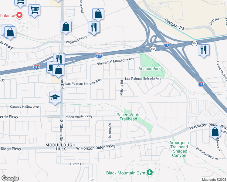 map of restaurants, bars, coffee shops, grocery stores, and more near 97 Parker Ranch Drive in Henderson