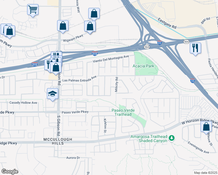 map of restaurants, bars, coffee shops, grocery stores, and more near 97 Parker Ranch Drive in Henderson
