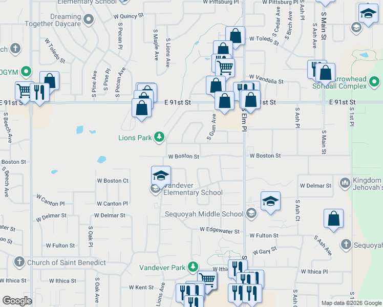 map of restaurants, bars, coffee shops, grocery stores, and more near 908 West Boston Street in Broken Arrow