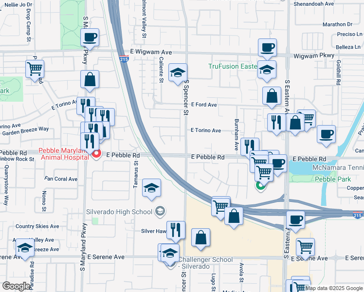 map of restaurants, bars, coffee shops, grocery stores, and more near 8855 South Spencer Street in Las Vegas