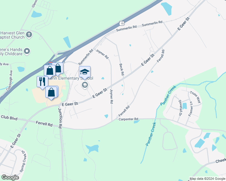 map of restaurants, bars, coffee shops, grocery stores, and more near 2612 Joyner Road in Durham