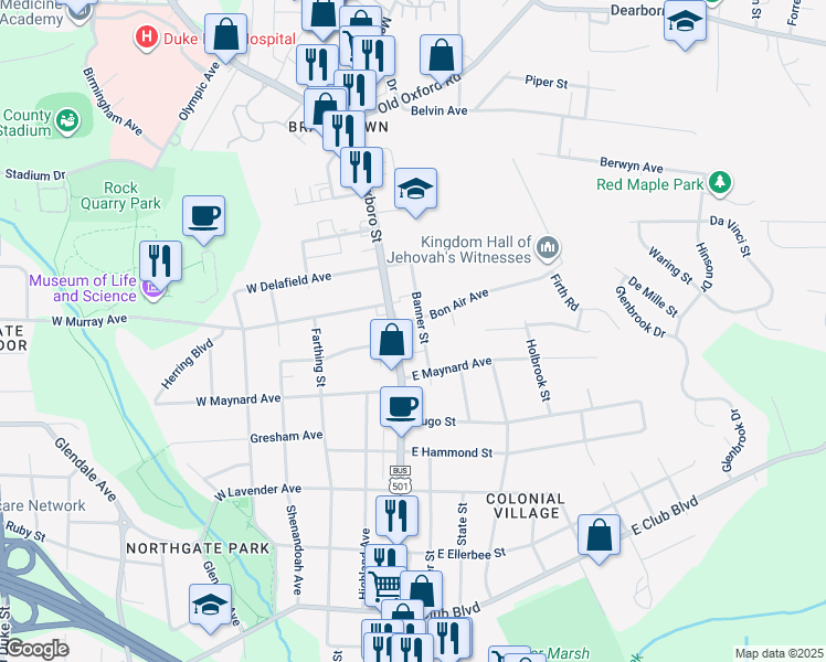 map of restaurants, bars, coffee shops, grocery stores, and more near 308 Bon Air Avenue in Durham