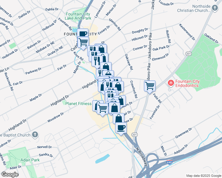 map of restaurants, bars, coffee shops, grocery stores, and more near 4866 North Broadway Street in Knoxville