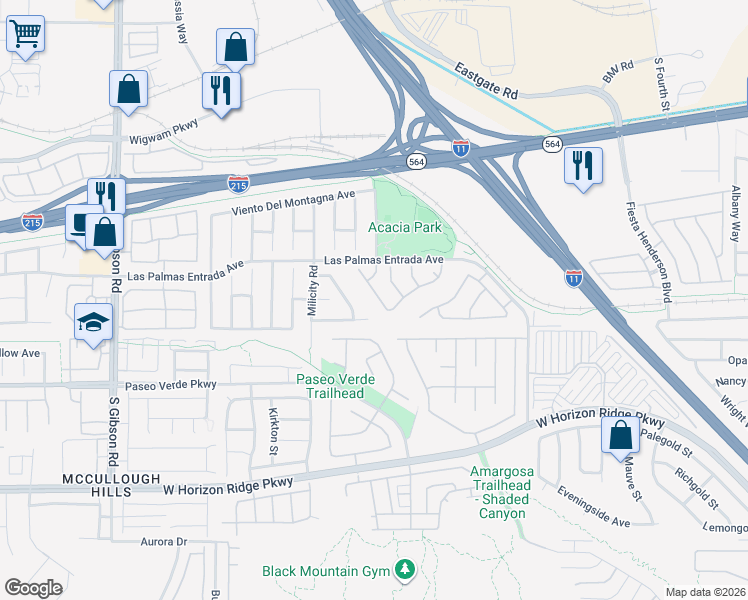 map of restaurants, bars, coffee shops, grocery stores, and more near 121 Montesol Dr in Henderson