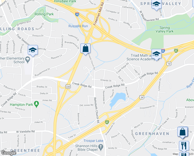 map of restaurants, bars, coffee shops, grocery stores, and more near 3309 Rehobeth Church Road in Greensboro