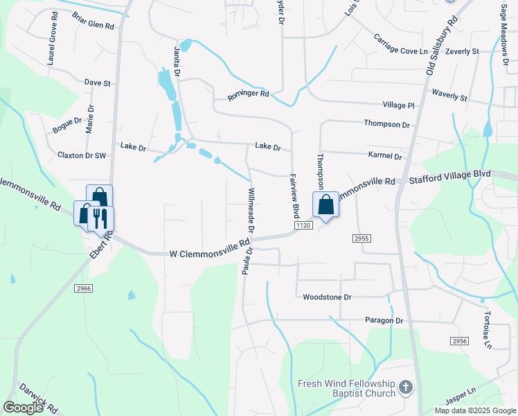 map of restaurants, bars, coffee shops, grocery stores, and more near 4155 Willmeade Drive in Winston-Salem