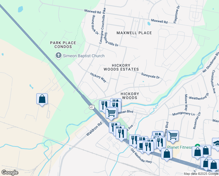 map of restaurants, bars, coffee shops, grocery stores, and more near 5112 Hickory Grove Drive in Nashville