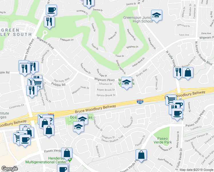 map of restaurants, bars, coffee shops, grocery stores, and more near 2011 Silverton Drive in Henderson