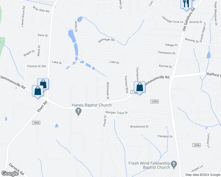map of restaurants, bars, coffee shops, grocery stores, and more near 4155 Willmeade Drive in Winston-Salem