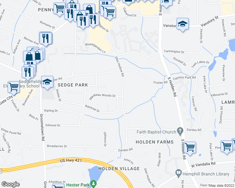 map of restaurants, bars, coffee shops, grocery stores, and more near 3802 Maribeau Woods Drive in Greensboro