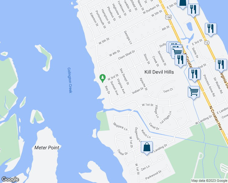 map of restaurants, bars, coffee shops, grocery stores, and more near 1712 Sunset Ave in Kill Devil Hills