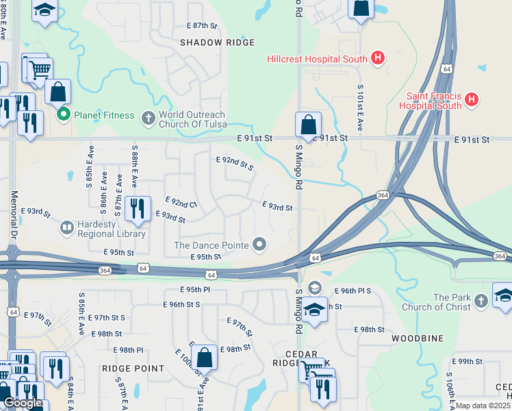 map of restaurants, bars, coffee shops, grocery stores, and more near 9214 East 93rd Place in Tulsa