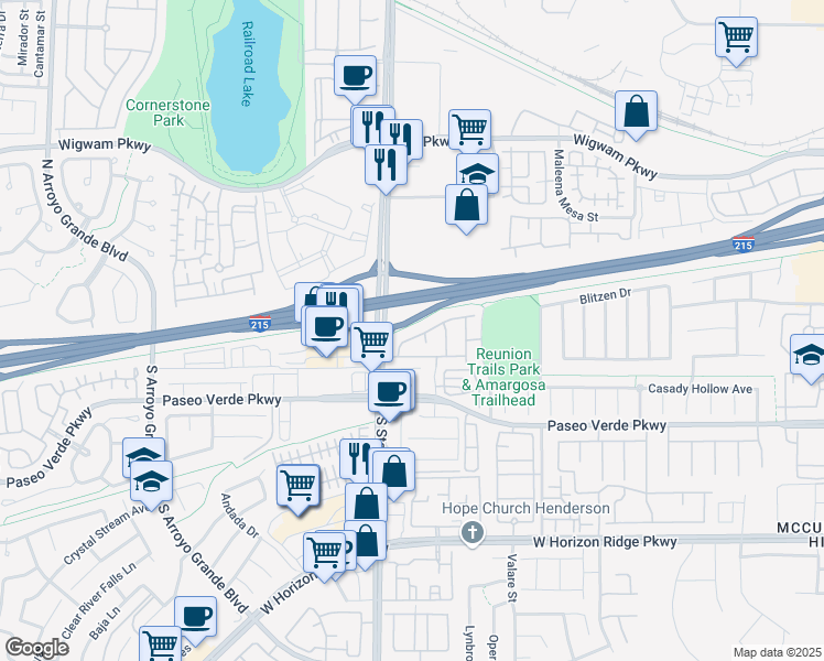 map of restaurants, bars, coffee shops, grocery stores, and more near 1342 Crystal Hill Lane in Henderson
