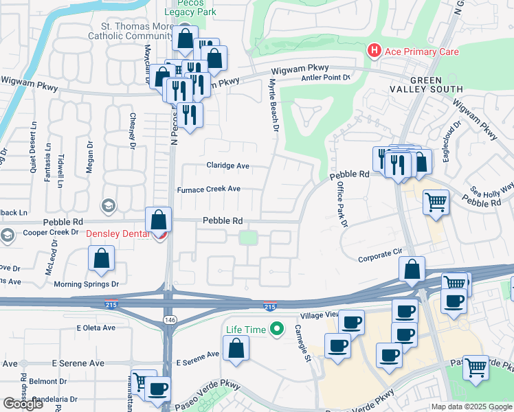 map of restaurants, bars, coffee shops, grocery stores, and more near 8 Old Lake Circle in Henderson