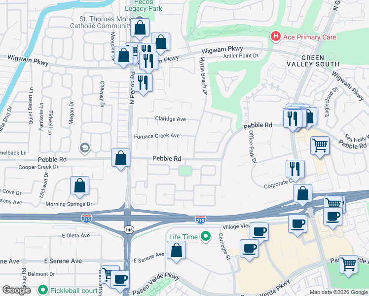 map of restaurants, bars, coffee shops, grocery stores, and more near 8 Old Lake Circle in Henderson