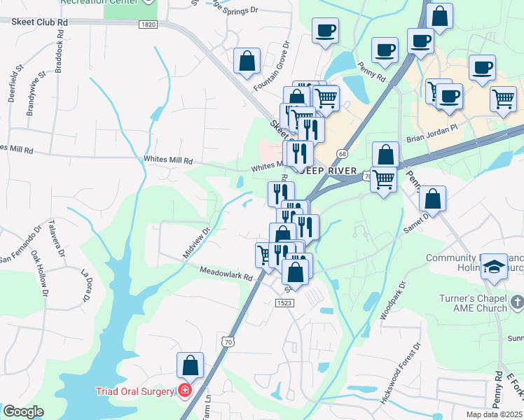 map of restaurants, bars, coffee shops, grocery stores, and more near 3505 Ramsay Street in High Point