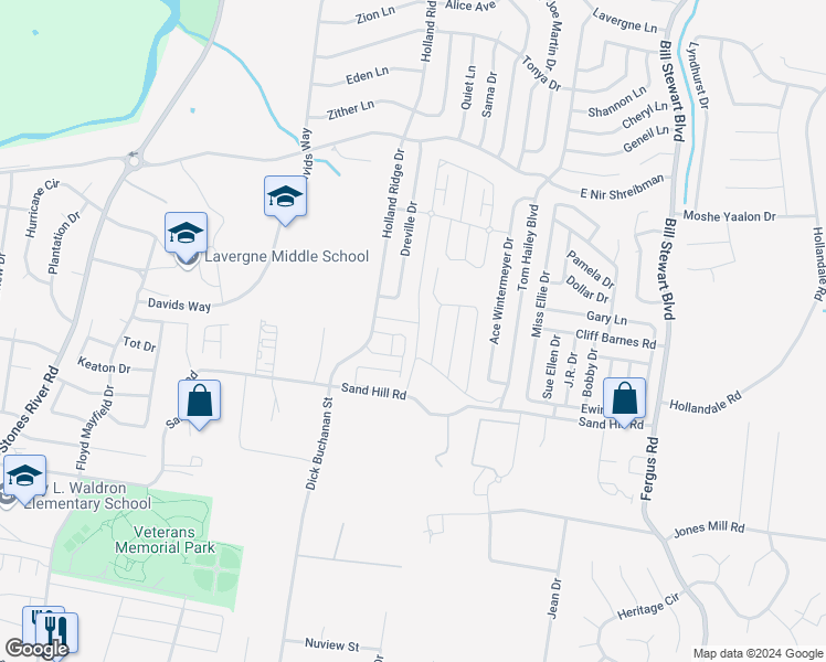 map of restaurants, bars, coffee shops, grocery stores, and more near 219 Renwick Drive in La Vergne