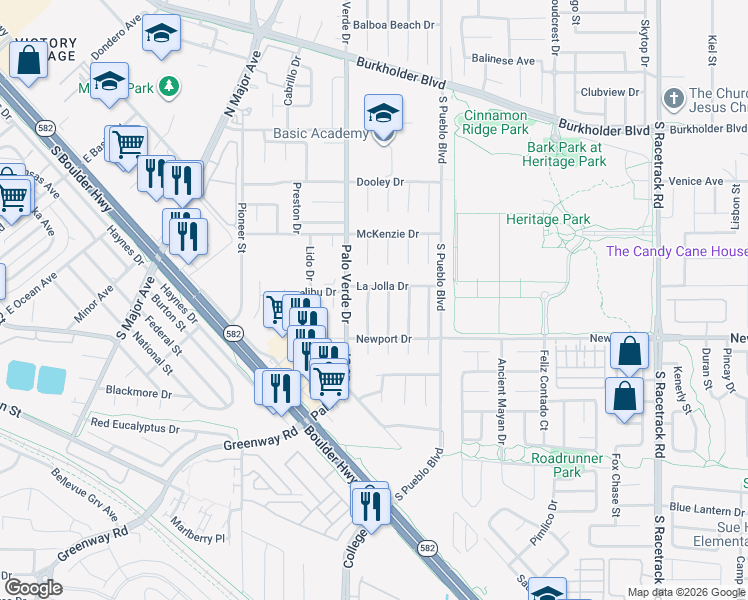 map of restaurants, bars, coffee shops, grocery stores, and more near 134 Saint Albans Drive in Henderson