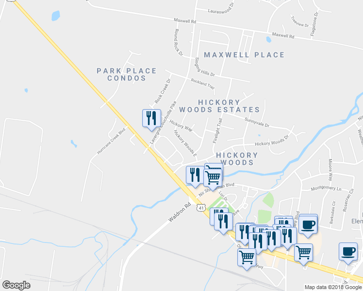 map of restaurants, bars, coffee shops, grocery stores, and more near 4936 Hickory Woods East in Nashville
