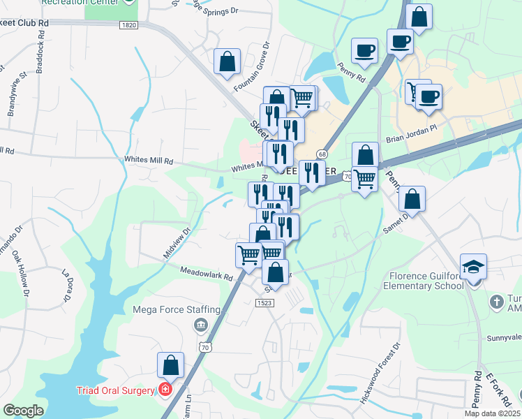 map of restaurants, bars, coffee shops, grocery stores, and more near 3519 Ramsay Street in High Point