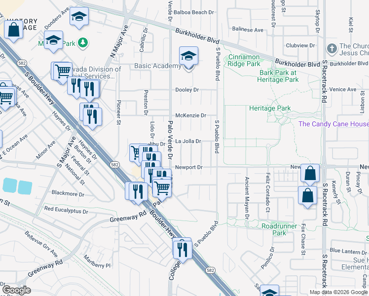 map of restaurants, bars, coffee shops, grocery stores, and more near 134 Saint Albans Drive in Henderson