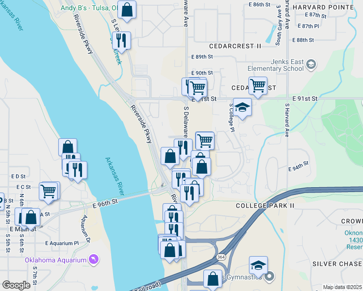 map of restaurants, bars, coffee shops, grocery stores, and more near 9411 South Delaware Avenue in Tulsa