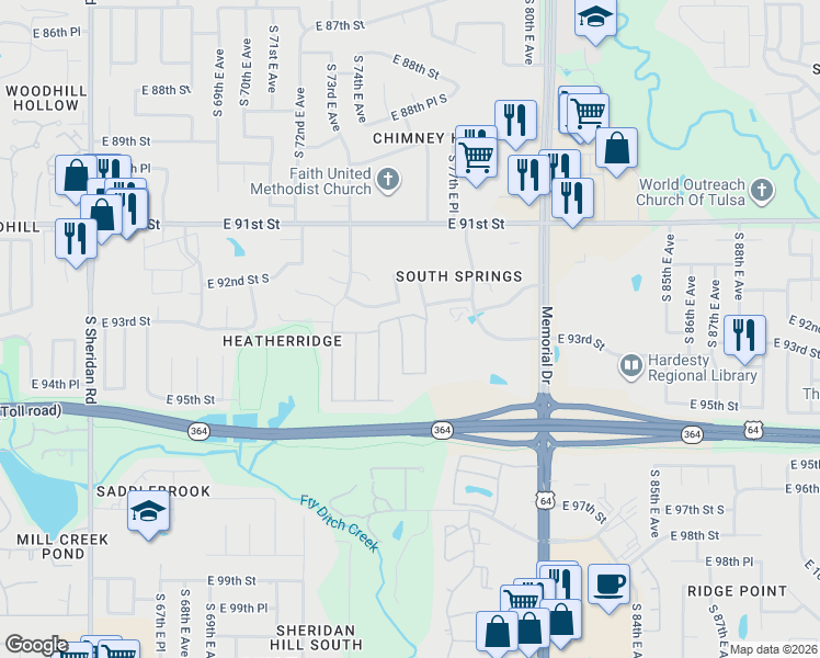 map of restaurants, bars, coffee shops, grocery stores, and more near 9334 South 75th East Avenue in Tulsa