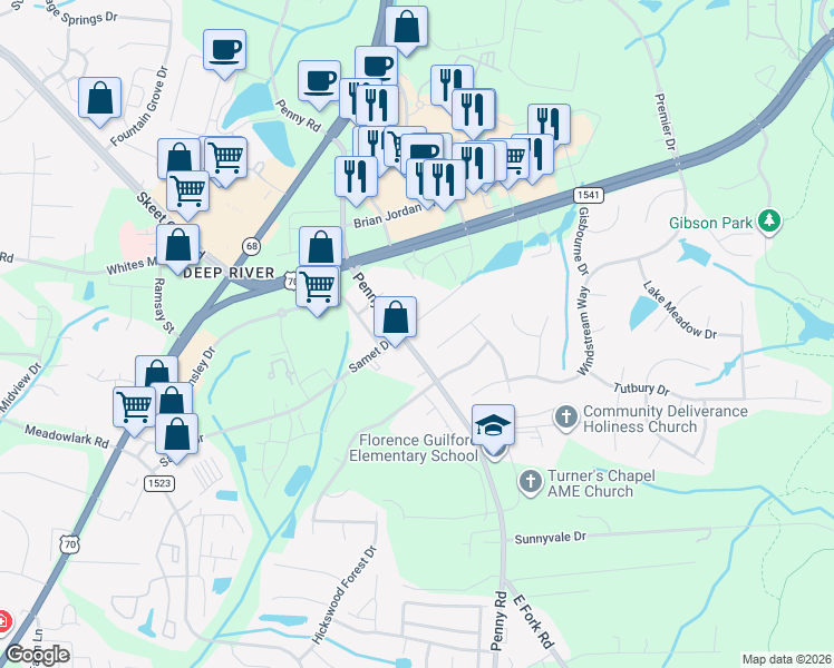 map of restaurants, bars, coffee shops, grocery stores, and more near 3705 Queenswood Lane in Jamestown