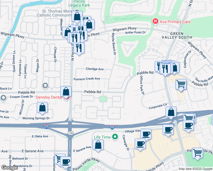 map of restaurants, bars, coffee shops, grocery stores, and more near 8 Old Lake Circle in Henderson