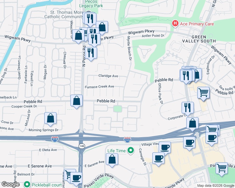 map of restaurants, bars, coffee shops, grocery stores, and more near 7 Old Lake Circle in Henderson