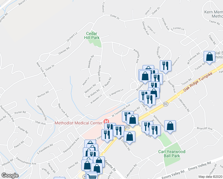 map of restaurants, bars, coffee shops, grocery stores, and more near 106 East Maiden Lane in Oak Ridge