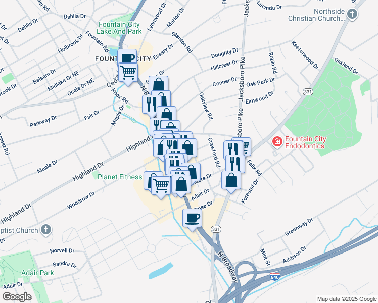 map of restaurants, bars, coffee shops, grocery stores, and more near 2836 Woodrow Drive in Knoxville