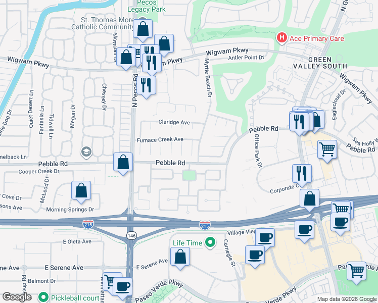 map of restaurants, bars, coffee shops, grocery stores, and more near 8 Old Lake Circle in Henderson