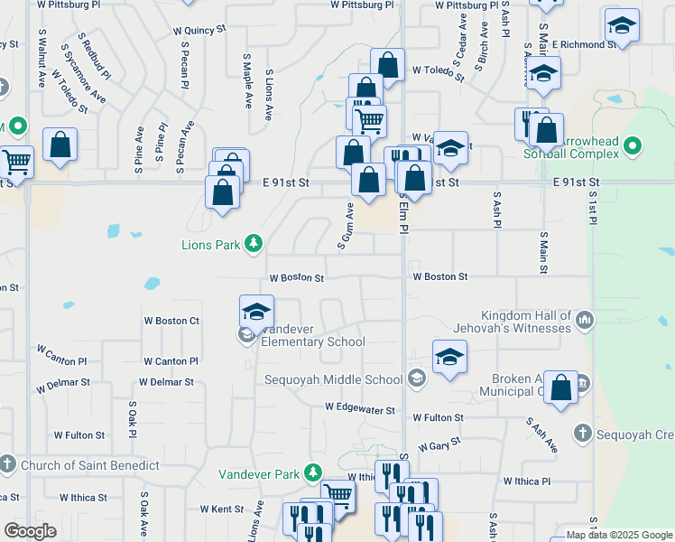 map of restaurants, bars, coffee shops, grocery stores, and more near 820 W Boston St in Broken Arrow