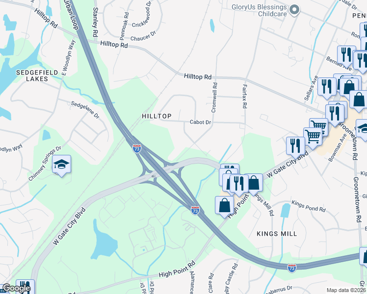 map of restaurants, bars, coffee shops, grocery stores, and more near 2902 Cromwell Road in Greensboro
