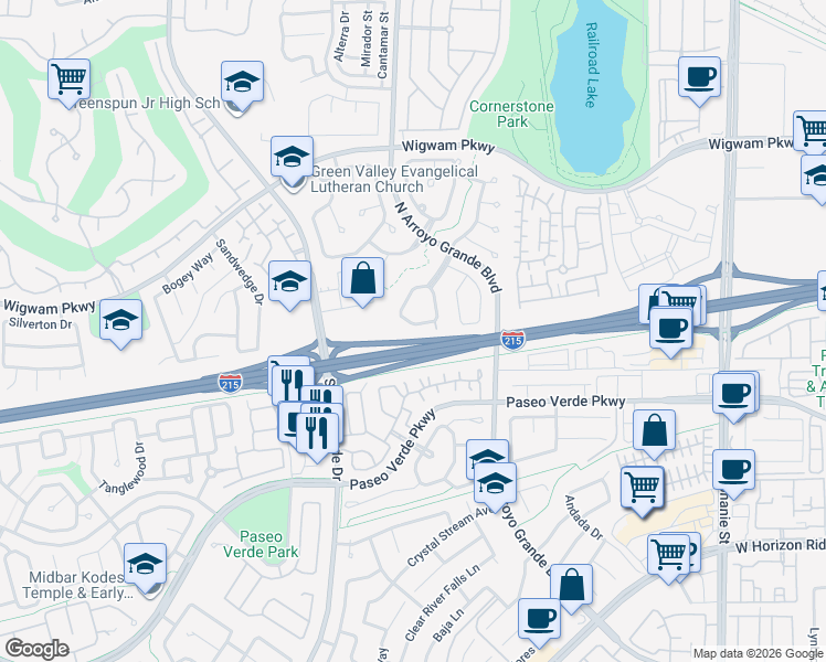 map of restaurants, bars, coffee shops, grocery stores, and more near 11 Desert Dawn Lane in Henderson