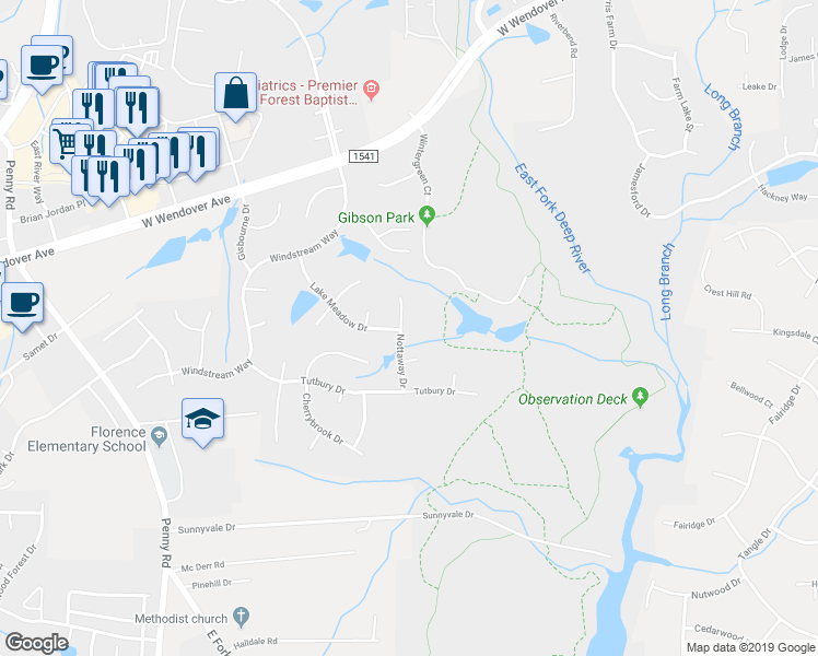 map of restaurants, bars, coffee shops, grocery stores, and more near 3412 Nottaway Drive in Jamestown