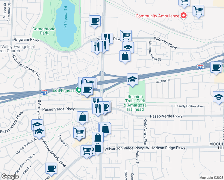 map of restaurants, bars, coffee shops, grocery stores, and more near 1346 Crystal Hill Lane in Henderson