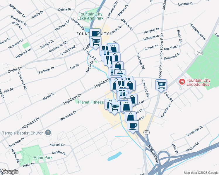 map of restaurants, bars, coffee shops, grocery stores, and more near 2717 Woodrow Drive in Knoxville