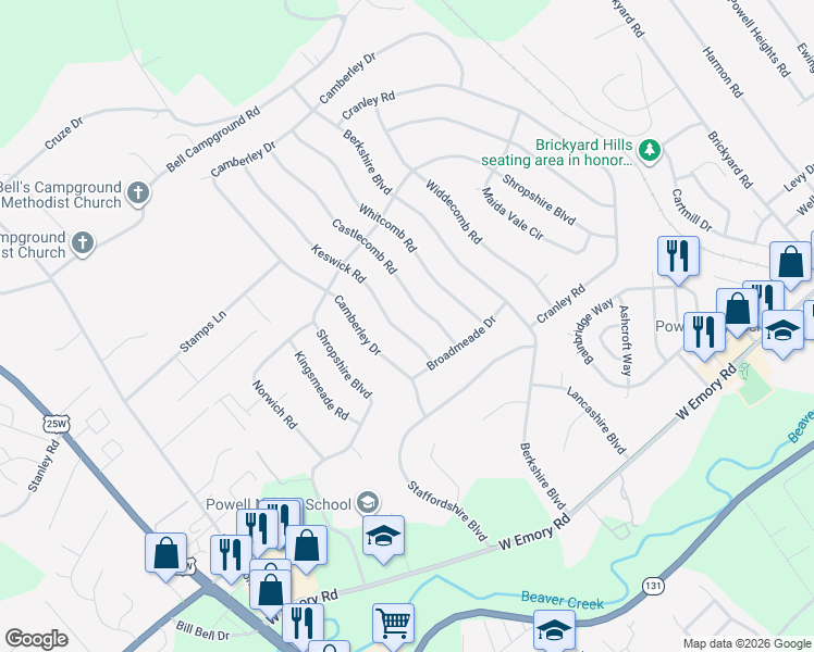 map of restaurants, bars, coffee shops, grocery stores, and more near 7716 Keswick Road in Powell