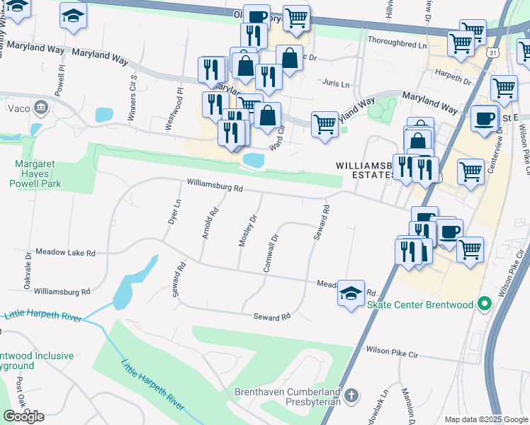 map of restaurants, bars, coffee shops, grocery stores, and more near 302 Mosley Drive in Brentwood