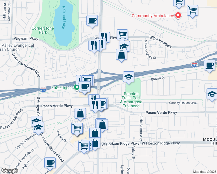map of restaurants, bars, coffee shops, grocery stores, and more near 1346 Crystal Hill Lane in Henderson