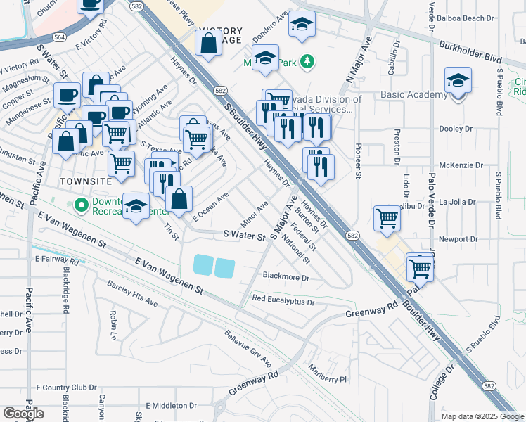 map of restaurants, bars, coffee shops, grocery stores, and more near 455 National Street in Henderson