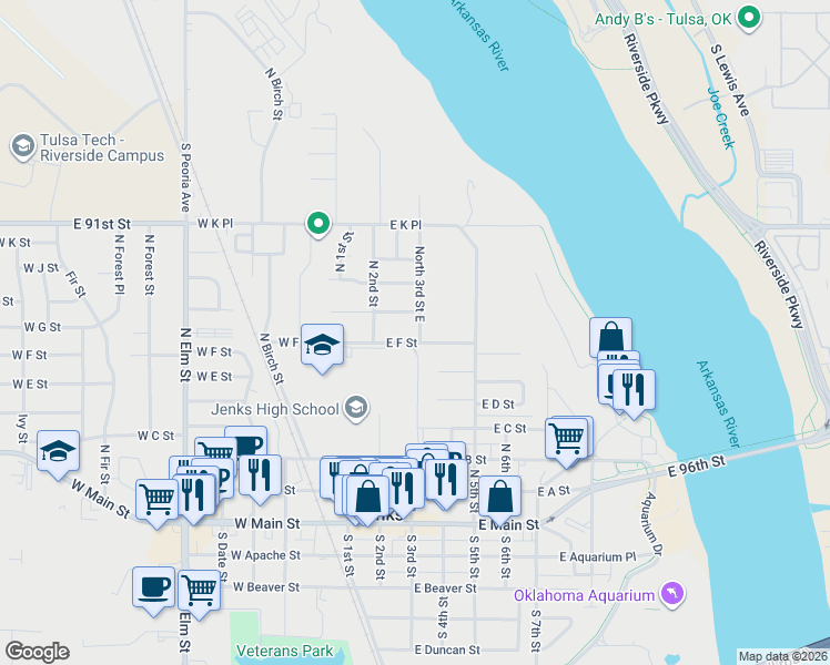 map of restaurants, bars, coffee shops, grocery stores, and more near 211 East F Street in Jenks