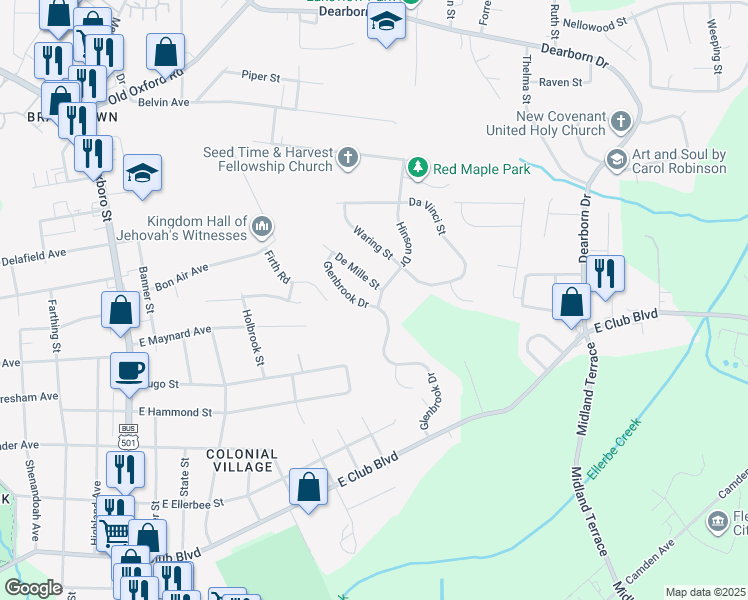 map of restaurants, bars, coffee shops, grocery stores, and more near in Durham