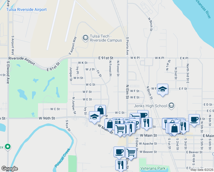 map of restaurants, bars, coffee shops, grocery stores, and more near 725 North Fir Street in Jenks