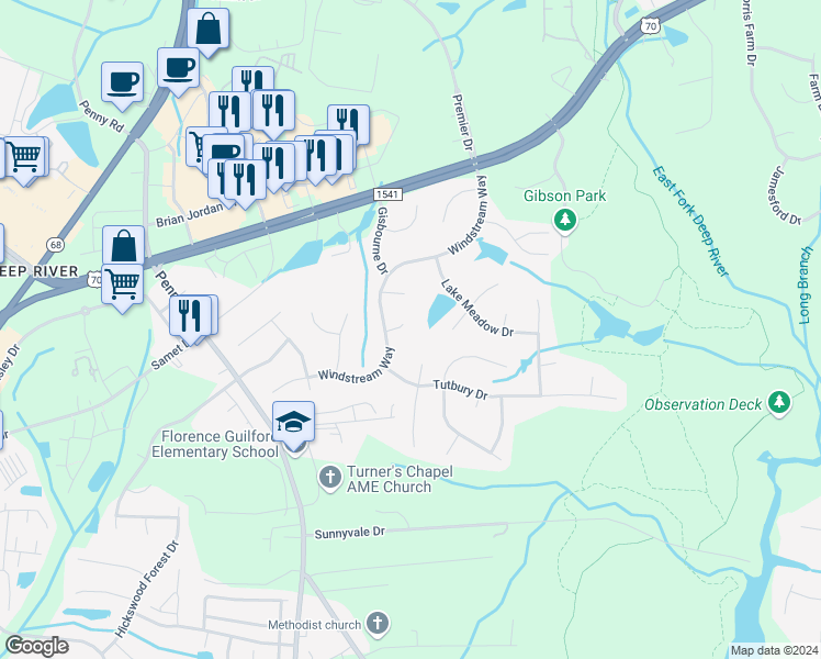 map of restaurants, bars, coffee shops, grocery stores, and more near 4006 Shire Court in Jamestown