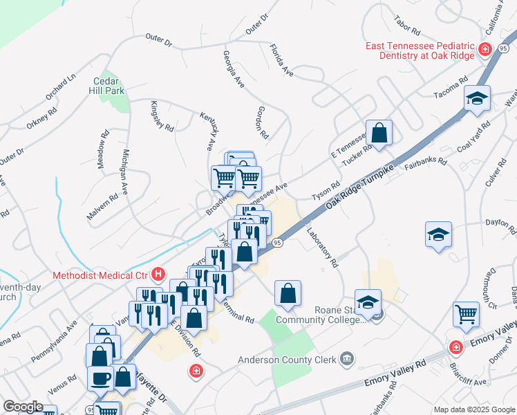 map of restaurants, bars, coffee shops, grocery stores, and more near 80 East Tennessee Avenue in Oak Ridge