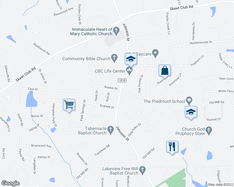 map of restaurants, bars, coffee shops, grocery stores, and more near 3951 Johnson Street in High Point