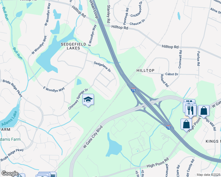 map of restaurants, bars, coffee shops, grocery stores, and more near 23 Pilot Ridge Court in Greensboro